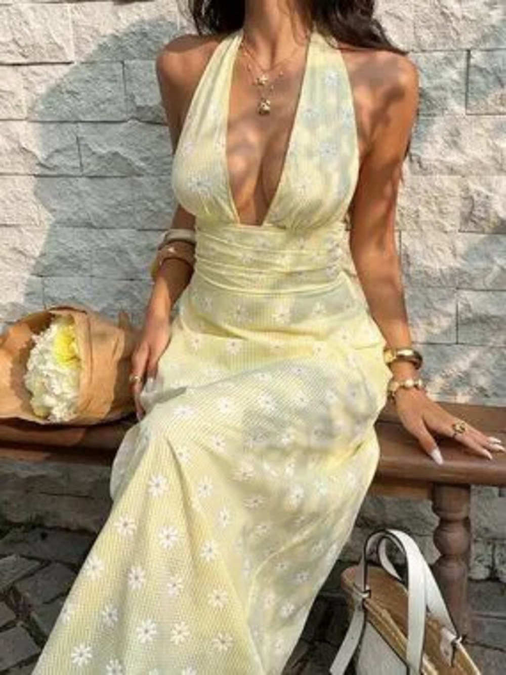Yellow Boho Women's Gingham Floral Details Backless V-Neck Tie Up Halter Dress